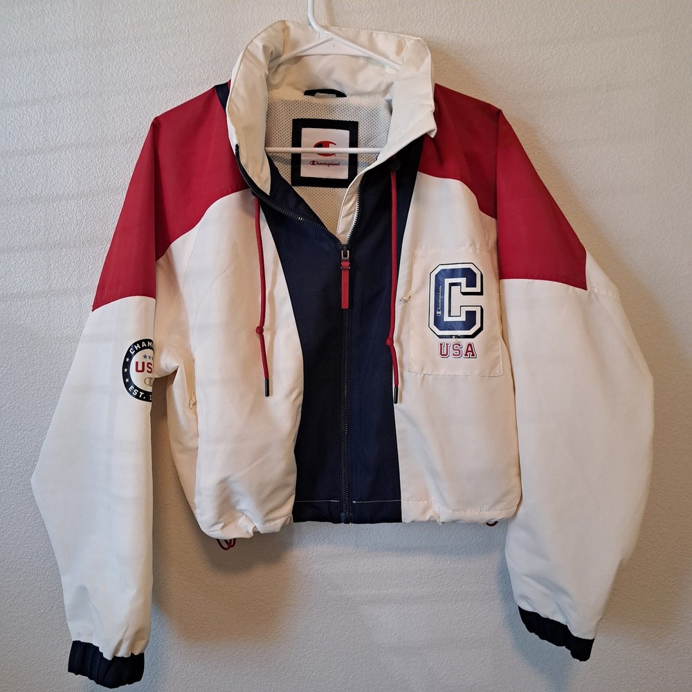 Champion USA Colorblock Windbreaker Jacket Red White Blue Cropped Womens Medium